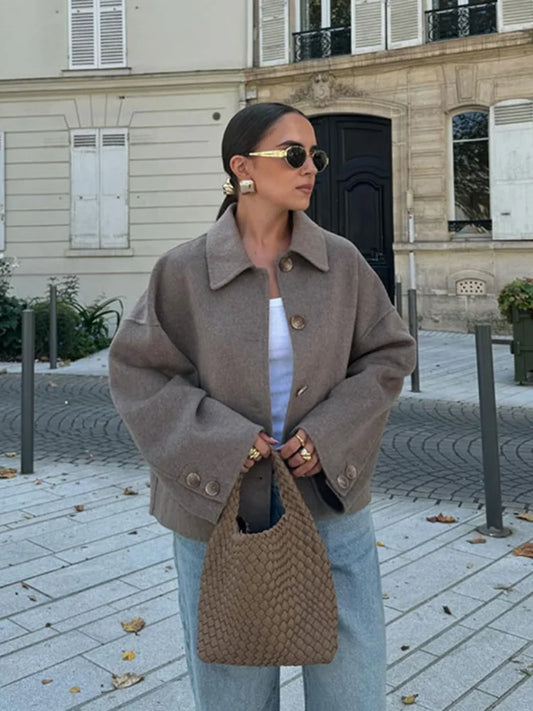 Manteau Femme Élégant en Mélange de Laine – Veste Classique Boutonnée Automne Hiver