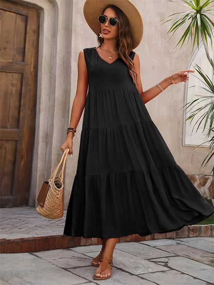 Robe longue sans manches à volants pour femme – Style décontracté d'été, fluide et léger