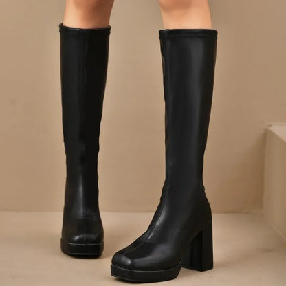 Cuissardes noires pour femme | Talon épais à plateforme
