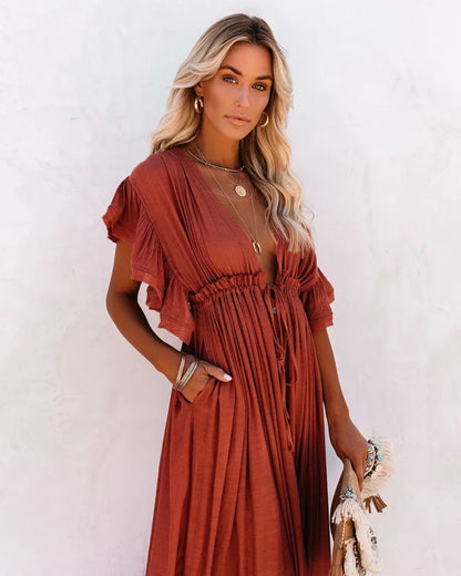 Robe Maxi Élégante Brique Femme – Col V Boutonné et Manches Volantes