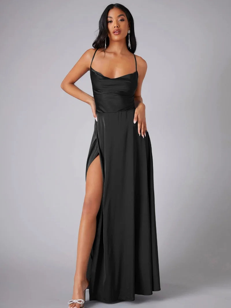 Women's Satin Evening Dress with Open Back and Slit - Elegant and Glamorous
