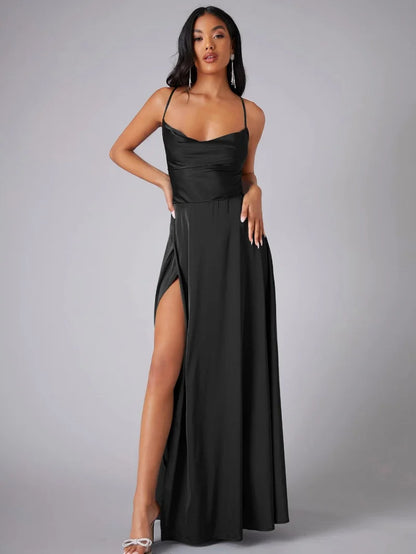 Women's Satin Evening Dress with Open Back and Slit - Elegant and Glamorous