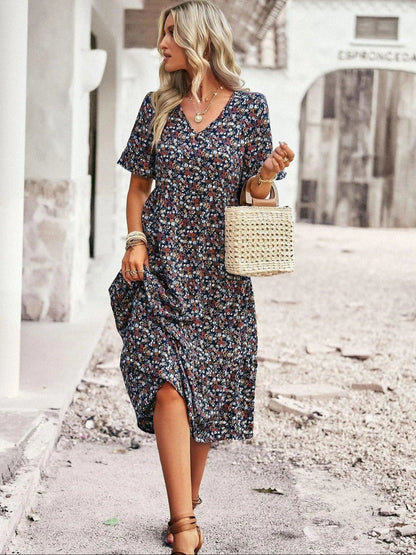Robe Midi Fleurie Femme à Col V – Robe d’Été Légère à Manches Courtes