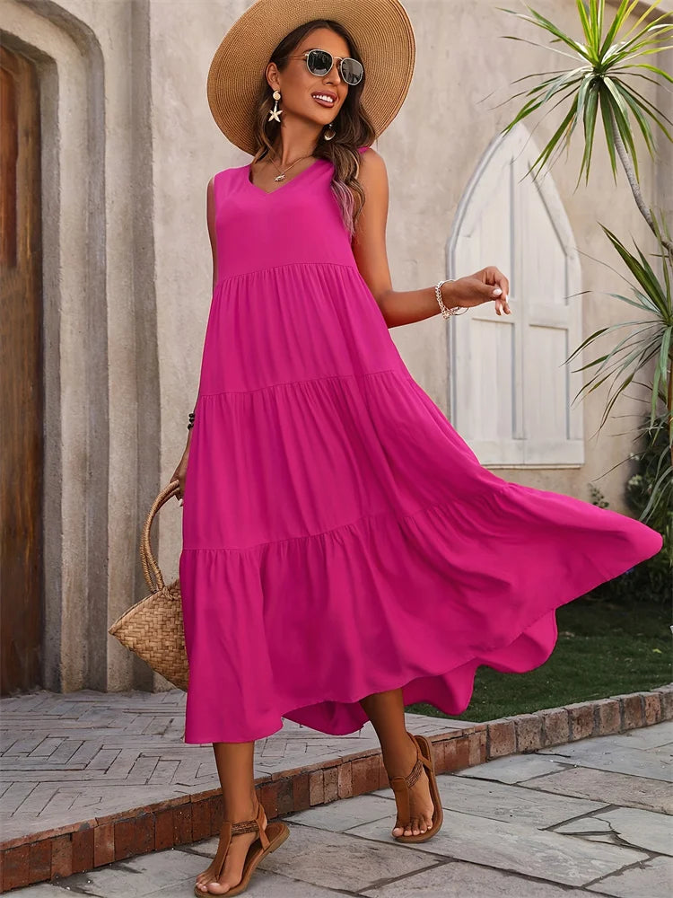 Robe longue sans manches à volants pour femme – Style décontracté d'été, fluide et léger