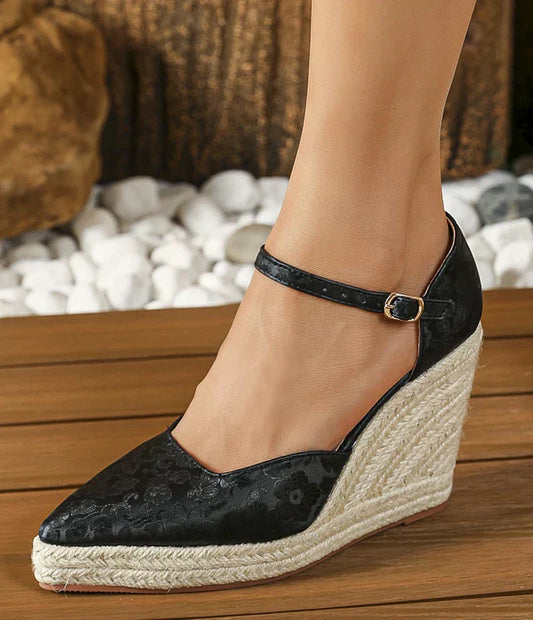 Sandales à Talons Compensés Espadrille Élégantes Femme avec Bout Pointu et Bride Réglable – Chaussures d’Été Confortables et Élégantes
