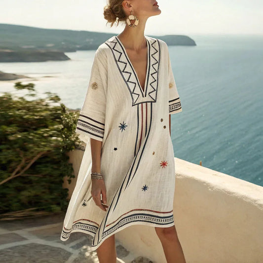 Women's embroidered beach tunic dress – white, navy blue, and rust, bohemian V-neck
