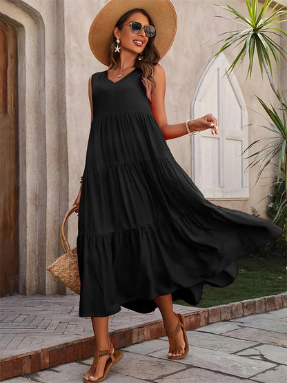 Robe longue sans manches à volants pour femme – Style décontracté d'été, fluide et léger