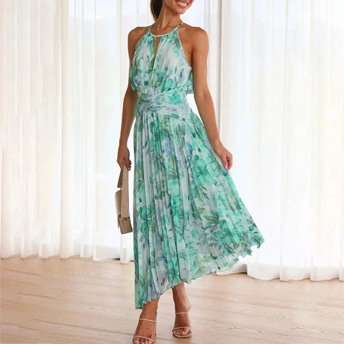 Women's floral maxi dress with halter neck - Bohemian and elegant