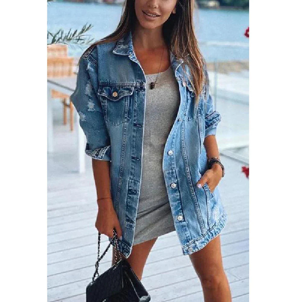 Femme Élégante Bleue Oversized Denim Veste – Vêtements d'extérieur Décontracté Vintage