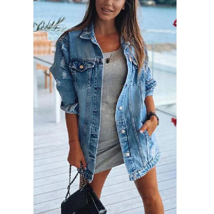 Femme Élégante Bleue Oversized Denim Veste – Vêtements d'extérieur Décontracté Vintage
