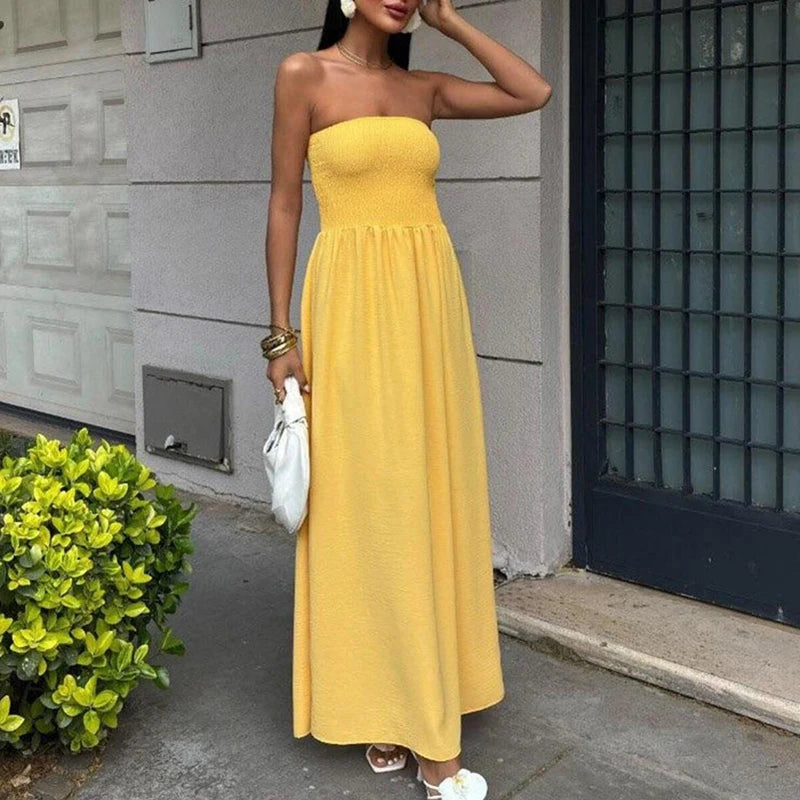 Maxi robe sans bretelles – Coupe fluide avec taille élastique, parfaite pour l’été