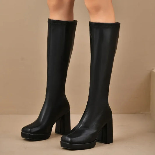 Cuissardes noires pour femme | Talon épais à plateforme