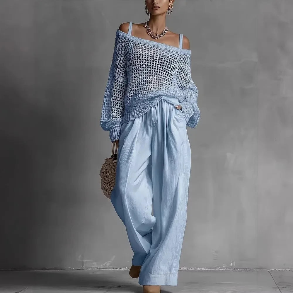 Completo da donna chic a due pezzi, fluido ed elegante
