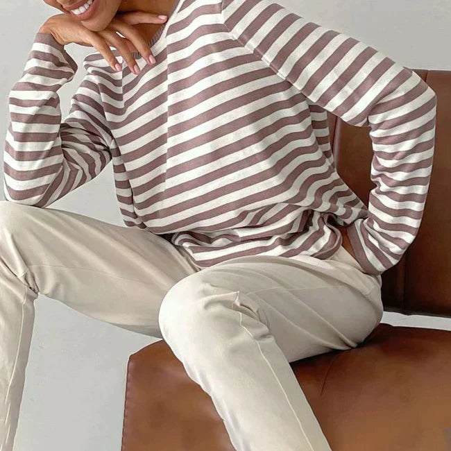 Sweat-Shirt Tricoté Rayé à Manches Longues pour Femme – Haut Décontracté Col Rond