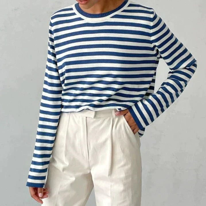 Sweat-Shirt Tricoté Rayé à Manches Longues pour Femme – Haut Décontracté Col Rond