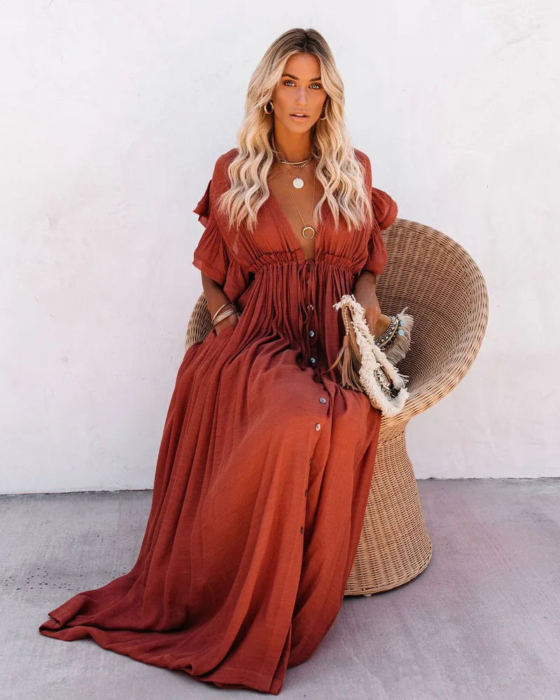 Robe Maxi Élégante Brique Femme – Col V Boutonné et Manches Volantes