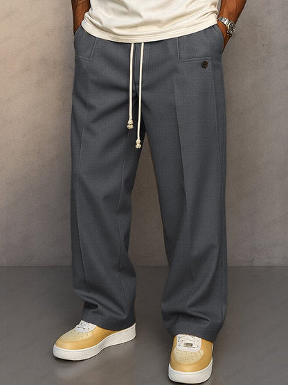 Men's Cotton Pants Relaxed Fit – Wide Plain Leg with Drawstring