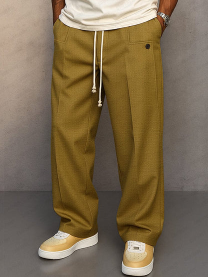 Men's Cotton Pants Relaxed Fit – Wide Plain Leg with Drawstring