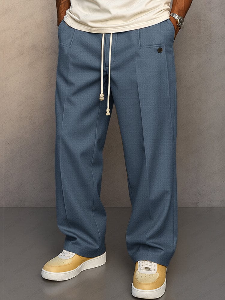 Men's Cotton Pants Relaxed Fit – Wide Plain Leg with Drawstring