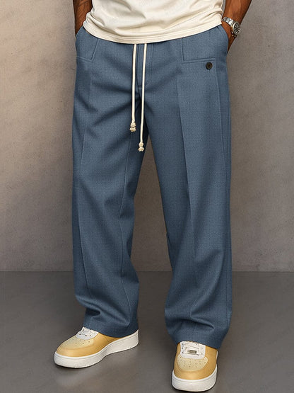 Men's Cotton Pants Relaxed Fit – Wide Plain Leg with Drawstring
