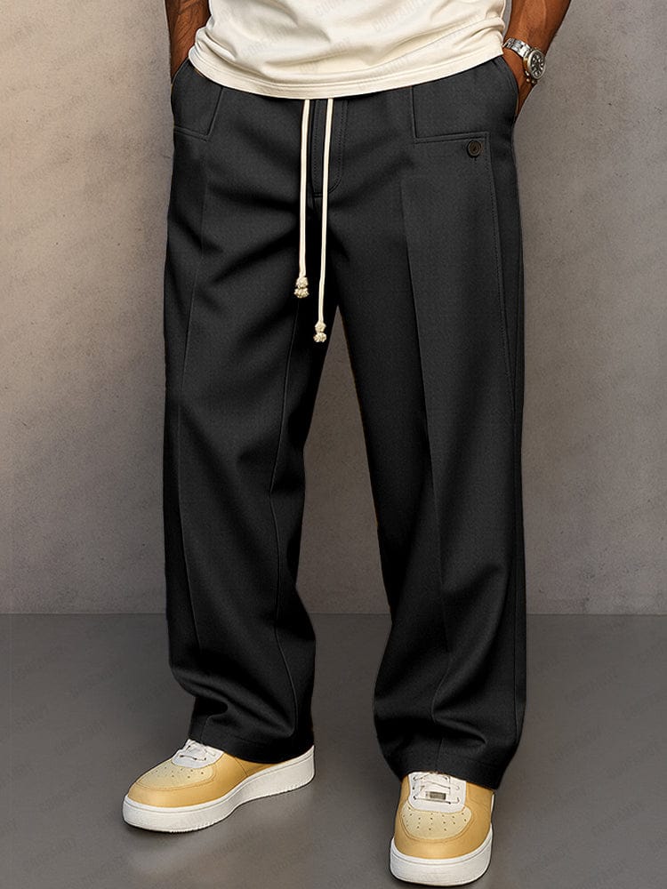 Men's Cotton Pants Relaxed Fit – Wide Plain Leg with Drawstring