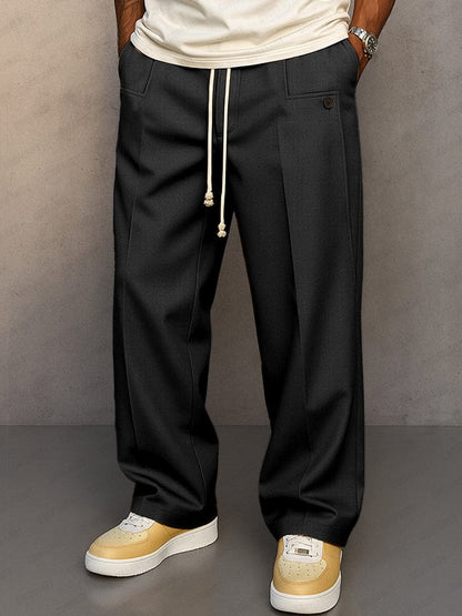 Men's Cotton Pants Relaxed Fit – Wide Plain Leg with Drawstring