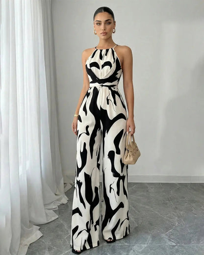 Combinaison femme imprime abstrait col halter - Elegante et fluide