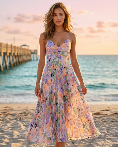 Women's floral midi dress with V-neck and pleats - Elegant and light