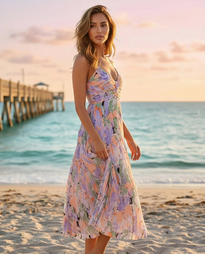 Women's floral midi dress with V-neck and pleats - Elegant and light