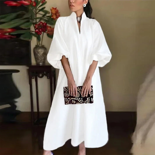 Elegant Maxi Dress for Women V-Neck – A-Line Cut with Lantern Sleeves