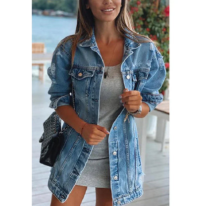 Femme Élégante Bleue Oversized Denim Veste – Vêtements d'extérieur Décontracté Vintage