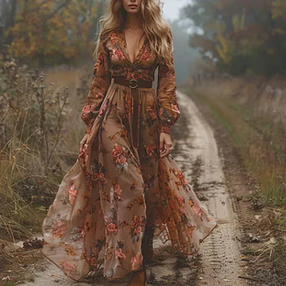 Robe Longue Femme – Imprimé Floral Bohème – Coupe Fluide – Manches Longues – Jupe à Volants