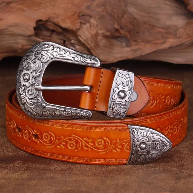 Ceinture homme en cuir de style western - Boucle gravée, style cow-boy classique