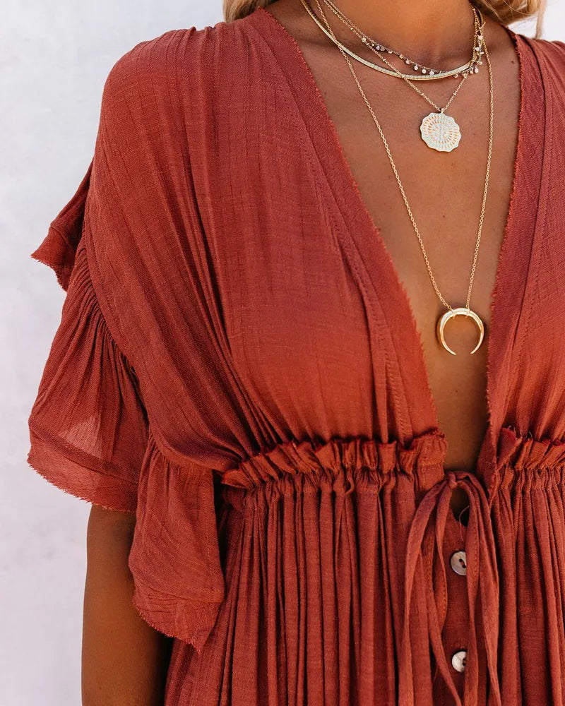 Robe Maxi Élégante Brique Femme – Col V Boutonné et Manches Volantes