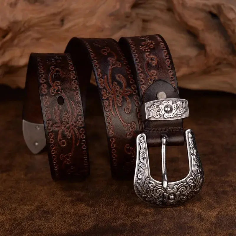 Ceinture homme en cuir de style western - Boucle gravée, style cow-boy classique