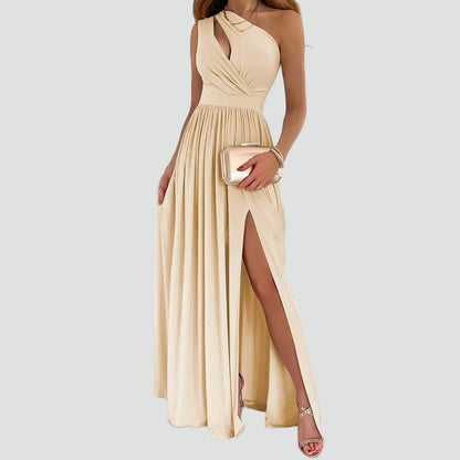 Asymmetric Women's Evening Dress with Slit - Elegant and Glamorous