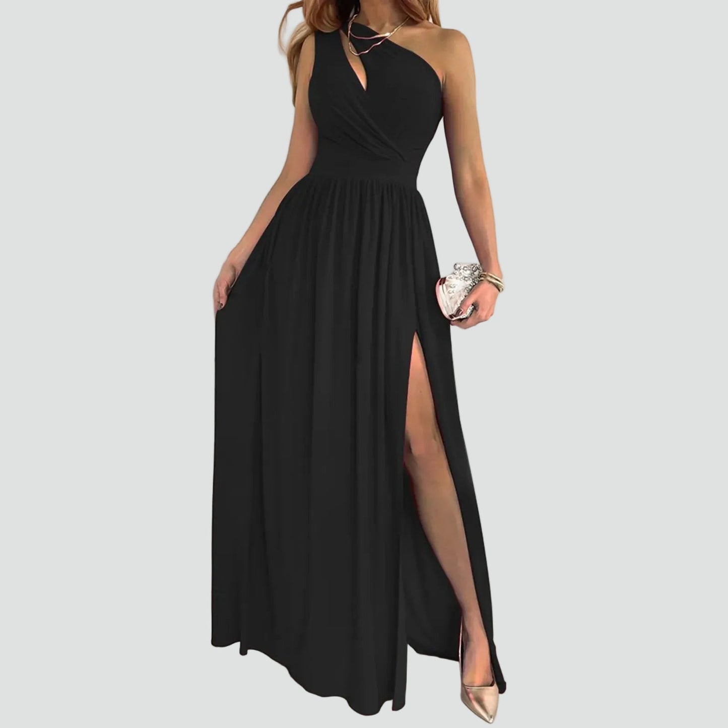 Asymmetric Women's Evening Dress with Slit - Elegant and Glamorous