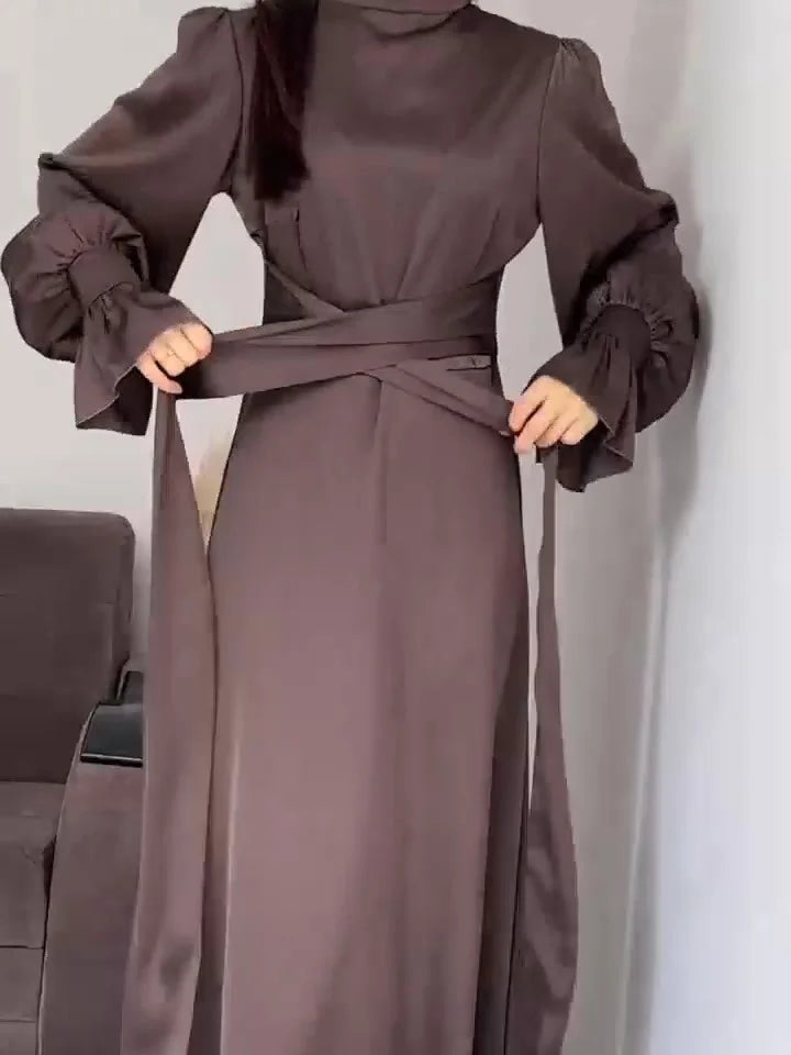 Robe de Soirée Élégante en Satin pour Femme – Maxi Robe Swing avec Manches Bouffantes Longues