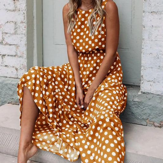 Robe Longue Femme Sans Manches à Pois Coupe Décontractée