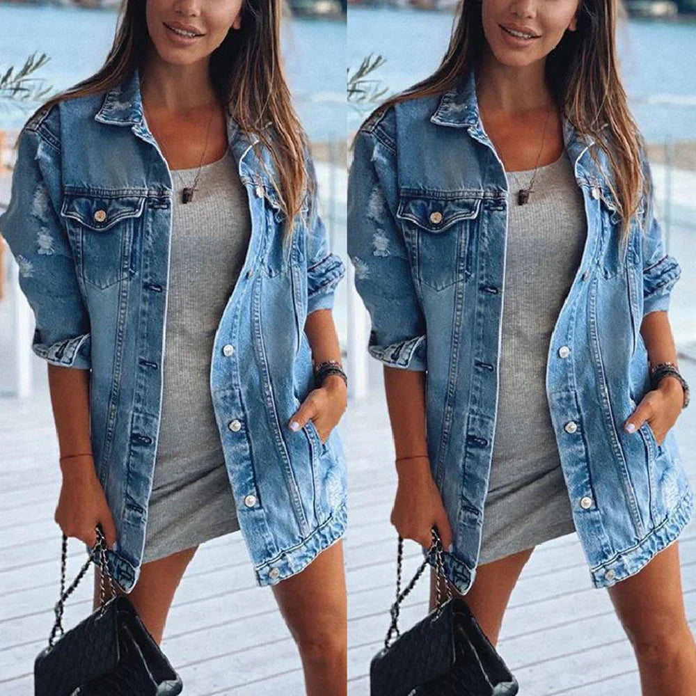 Femme Élégante Bleue Oversized Denim Veste – Vêtements d'extérieur Décontracté Vintage