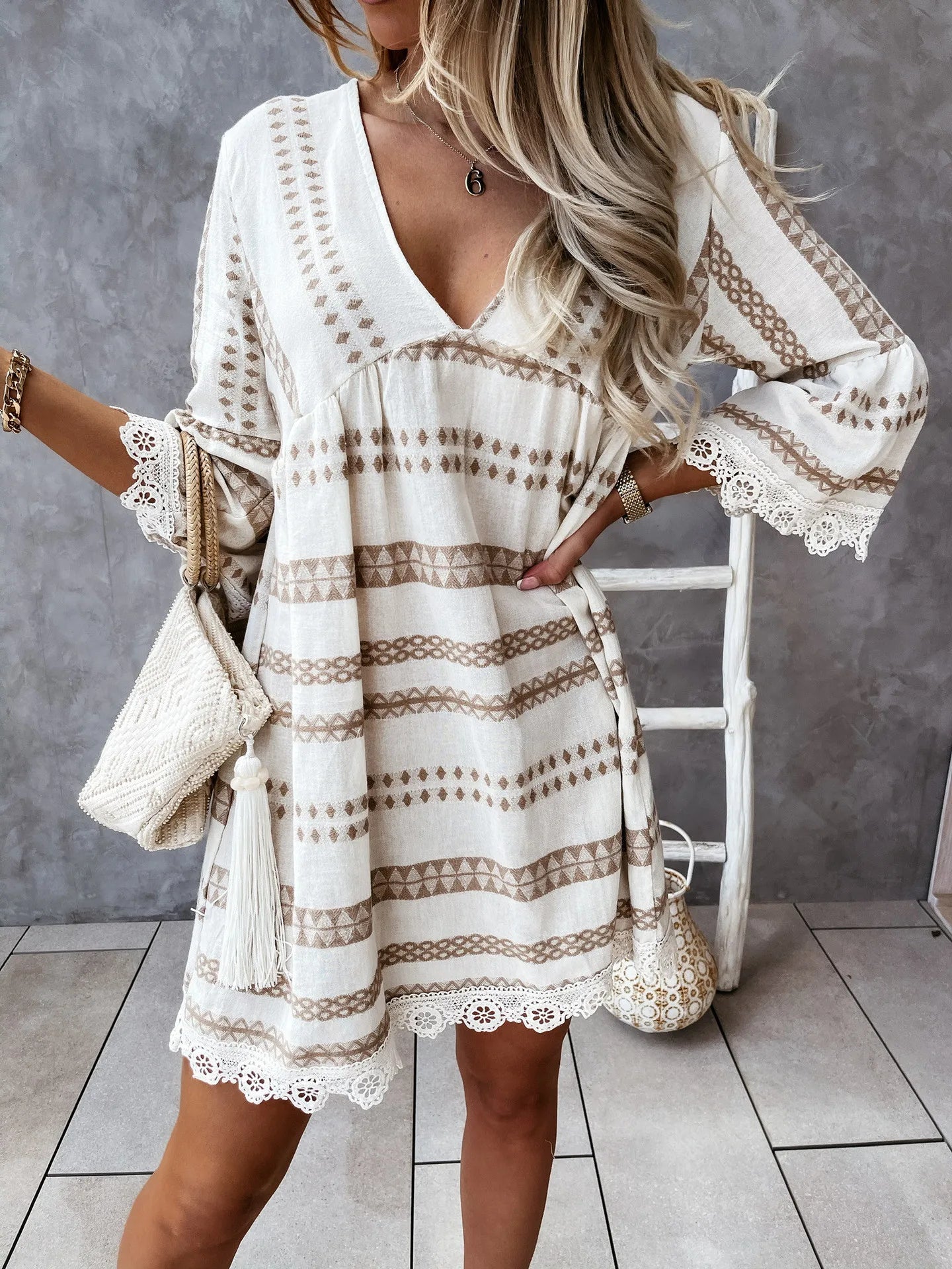 Robe Mini Décontractée Élégante Femme – Col V Style Bohème