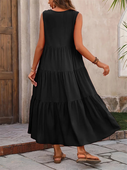 Robe longue sans manches à volants pour femme – Style décontracté d'été, fluide et léger