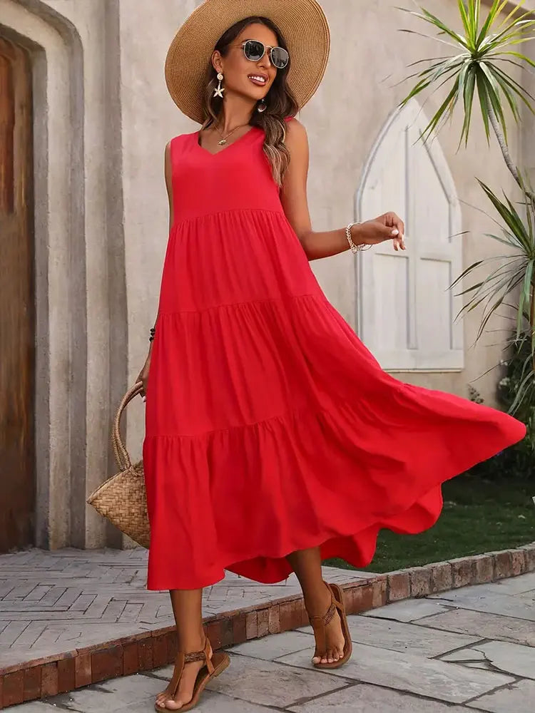 Robe longue sans manches à volants pour femme – Style décontracté d'été, fluide et léger
