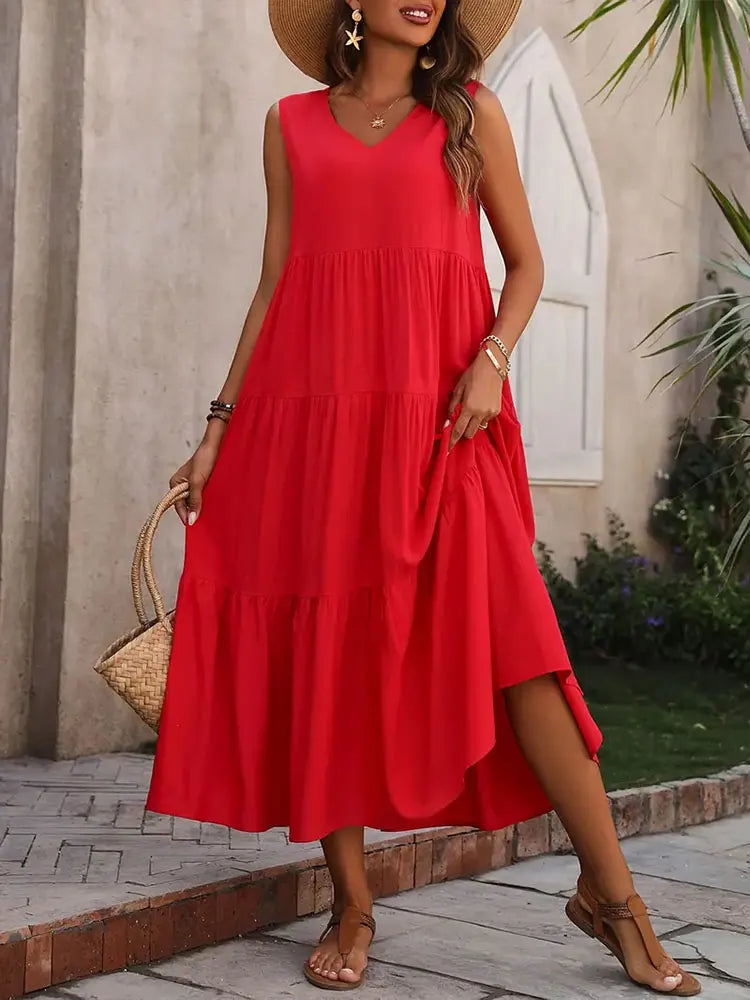 Robe longue sans manches à volants pour femme – Style décontracté d'été, fluide et léger