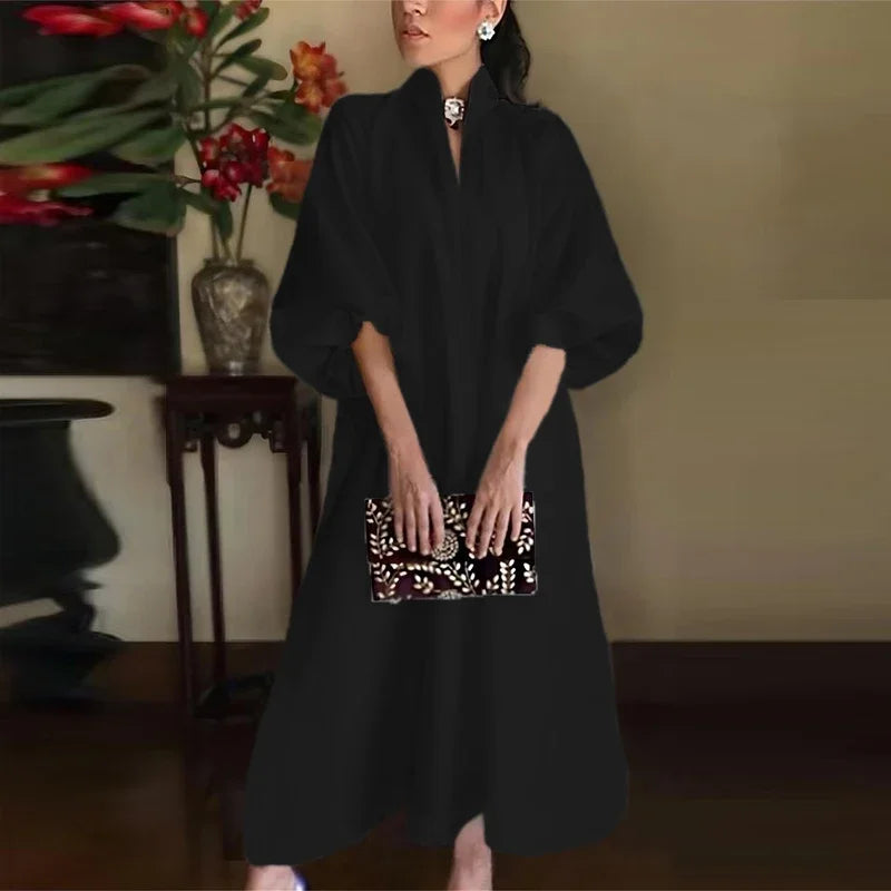 Robe Maxi Élégante Femme Col V – Coupe A avec Manches Lanterne