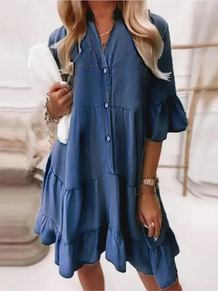 Robe Midi en Denim à Volants Femme – Coupe Décontractée à Col Haut