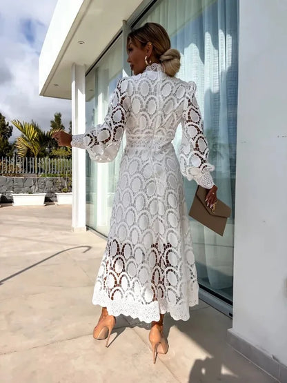 Robe Midi en Dentelle Blanche Élégante Femme – Manches Longues Coupe A-Line