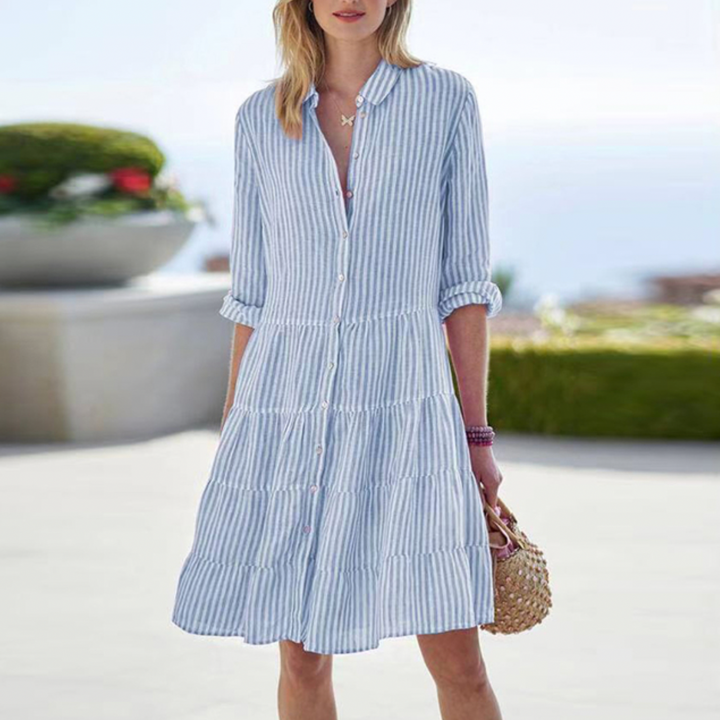 Robe Chemise Midi à Rayures pour Femme – Robe d’Été Décontractée à Boutons