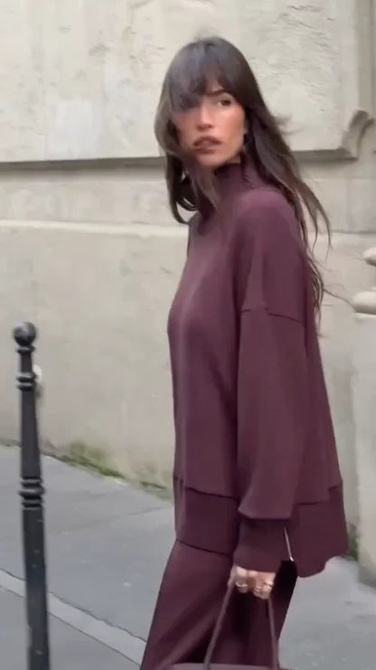 Ensemble de Loungewear Épais et Élégant pour Femme – Sweat Col Roulé et Pantalon Large