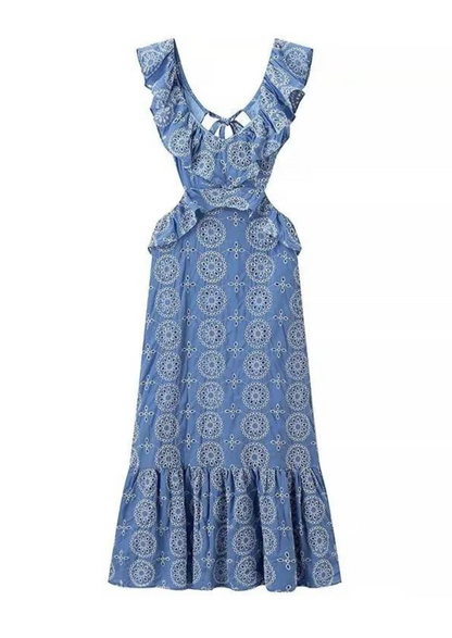 Abito maxi ricamato da donna con schiena scoperta – Elegante ed estivo